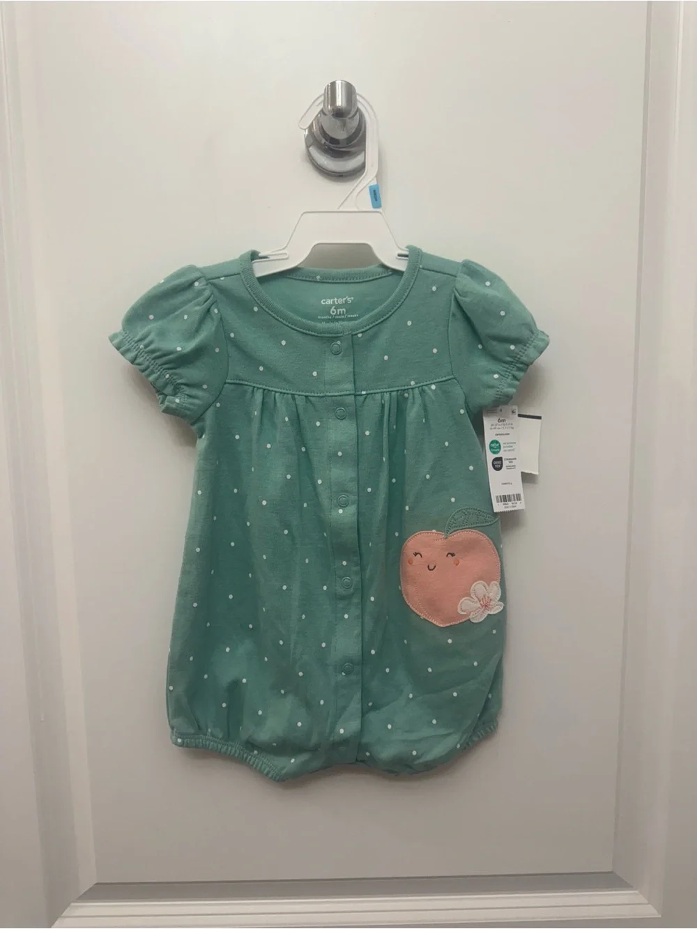 Carter's Mint Green Dot Baby Romper with Peach Applique